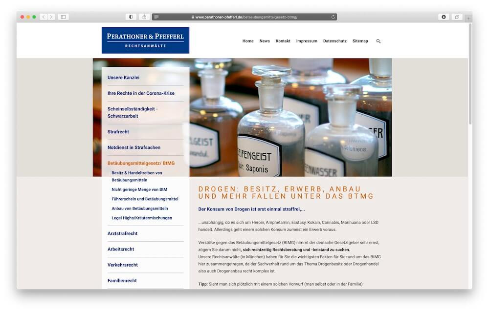 Die Website der speziell auch im Betäu­bungs­&shy;mittel­&shy;straf­recht täti­gen Kanzlei PERATHONER&nbsp;& PFEFFERL. SEO ist auch hier Mittel zum Zweck.